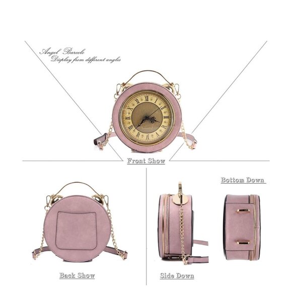 Round Pink Faux Leather Crossbody Purse Functional Clock Face Design Gold Accent - Picture 5 of 7